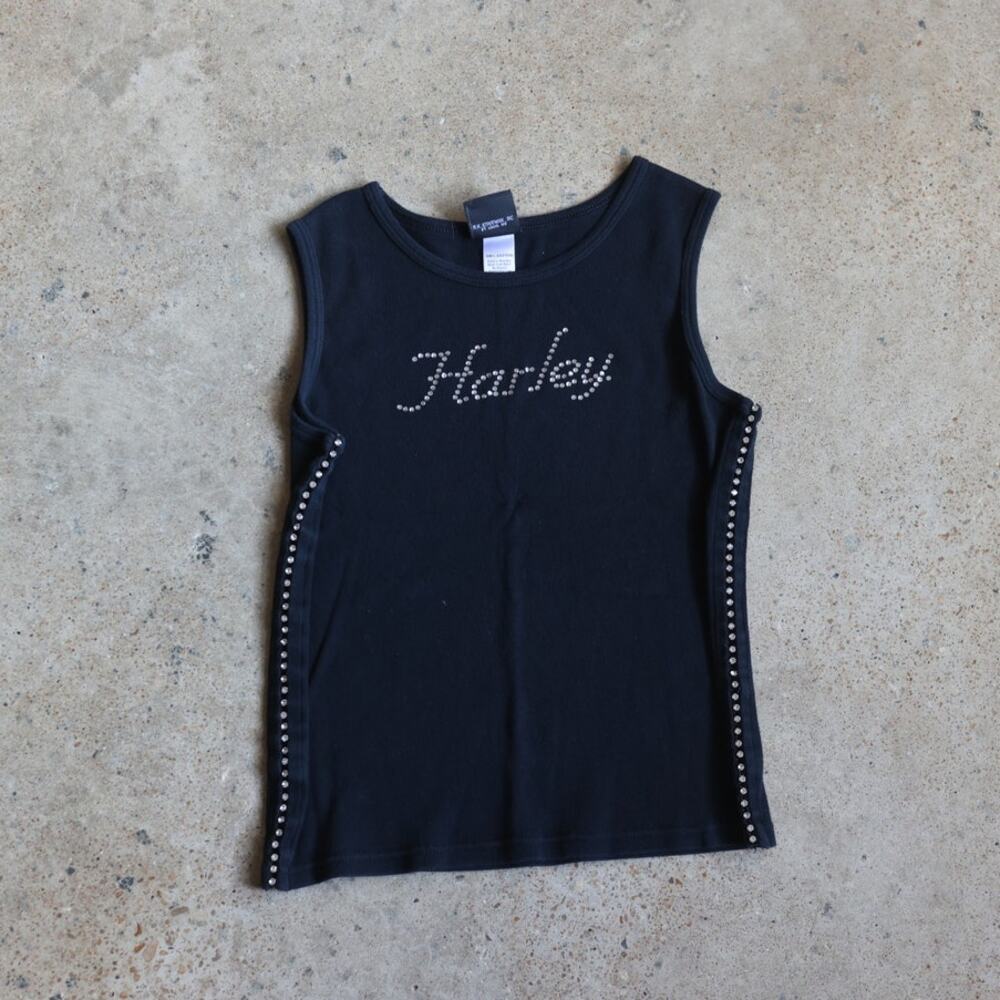 Vintage Harley-Davidson Rhinestone Tank Top Black Ribbed Y2K Biker Size L